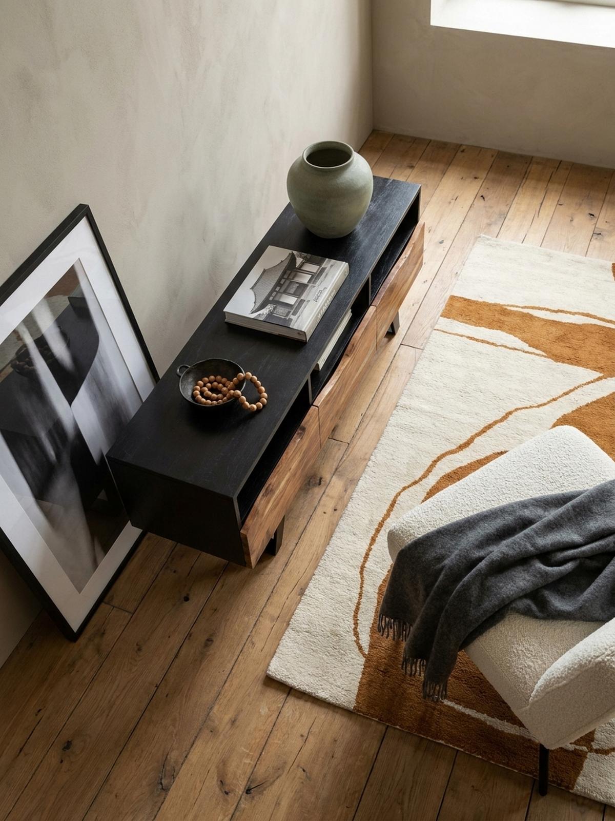 LOWBOARD Akazie Massivholz Modern Stil 140x50x40 cm Baumkante mit Schublade und Türen - Schwarz, Holz/Metall (140/50/40cm) - KADIMA DESIGN