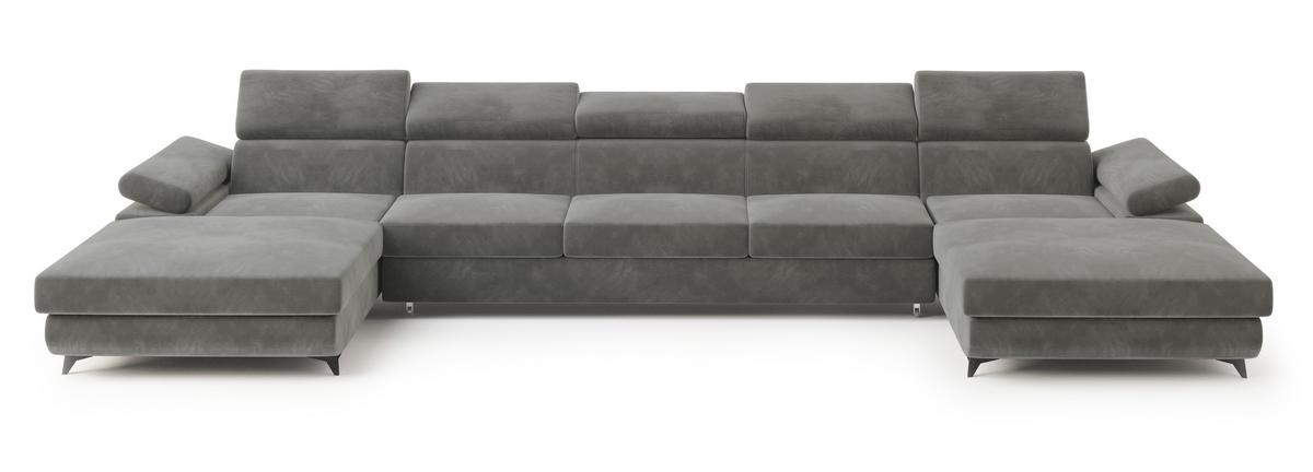 WOHNLANDSCHAFT VIVENTE Grau Velours-Stoff mit Schlaffunktion - Grau, Holz (410/89/190cm) - MASSENO