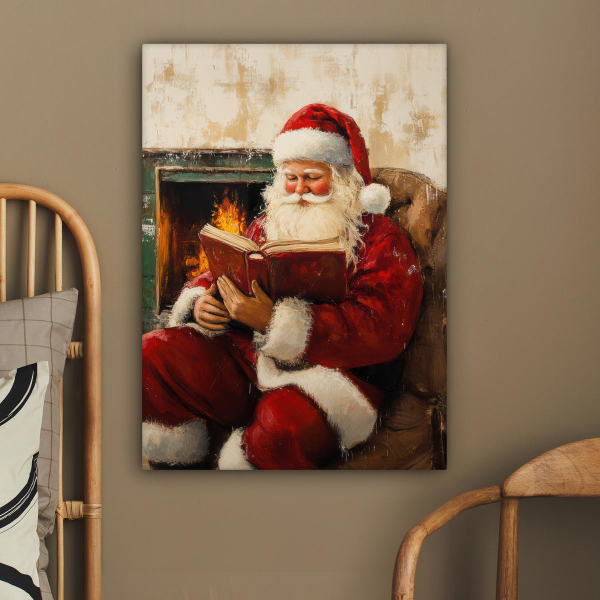 LEINWANDBILD Weihnachten - Weihnachtsmann - Winter - Open Fireside Wandbild Wohnzimmer 60x80 cm - Dunkelrot, Textil (60/80cm) - MuchoWow