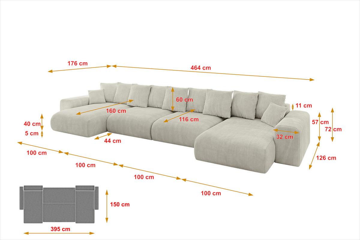 WOHNLANDSCHAFT mit Schlaffunktion ESKAR-U2-464x176x72cm Creme - Hellgrau/Creme, Holzwerkstoff/Kunststoff (176/72/464cm) - ALTDECOR