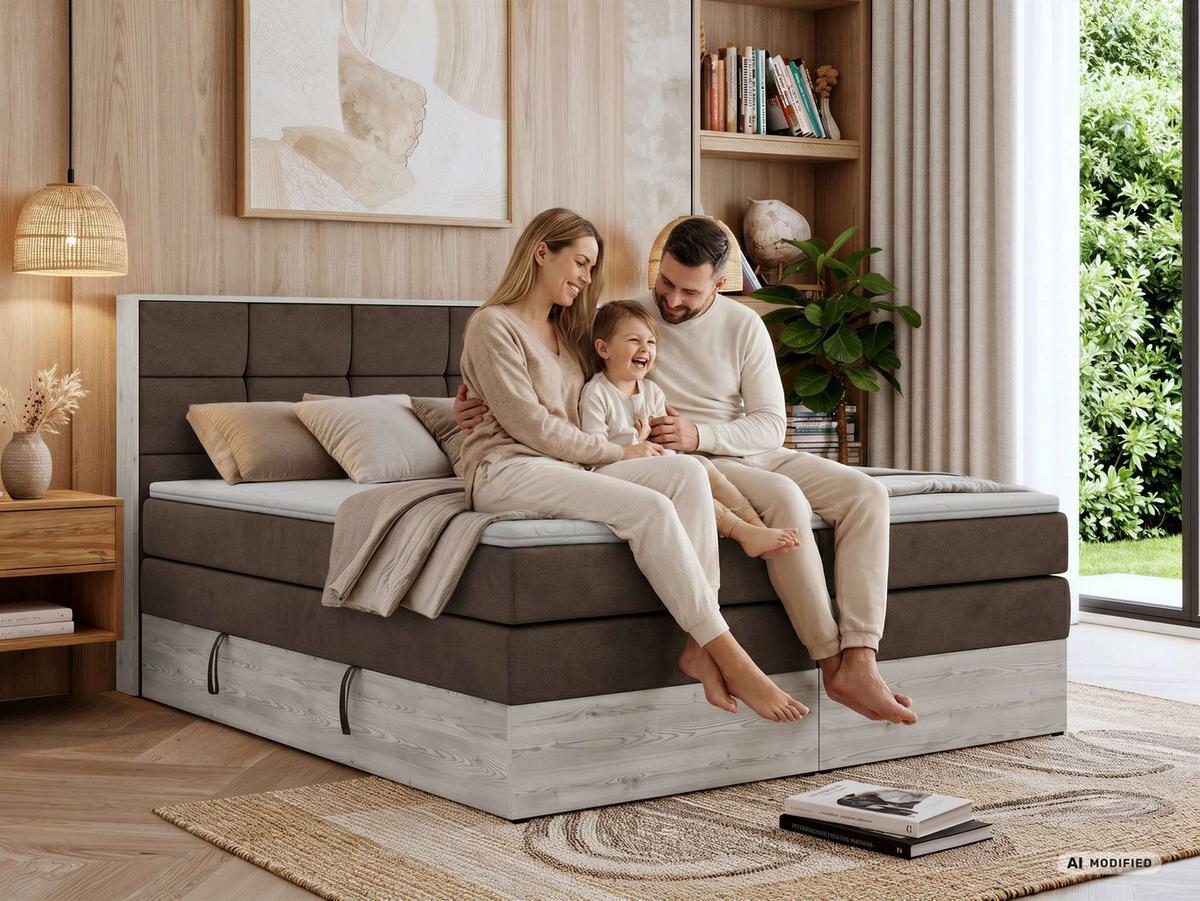 BOXSPRINGBETT ALNOR KING 140/200 - Greige Stukture - Topper Visco - H4 - Greige/Schwarz, Kunststoff/Textil (140/200cm) - MKS