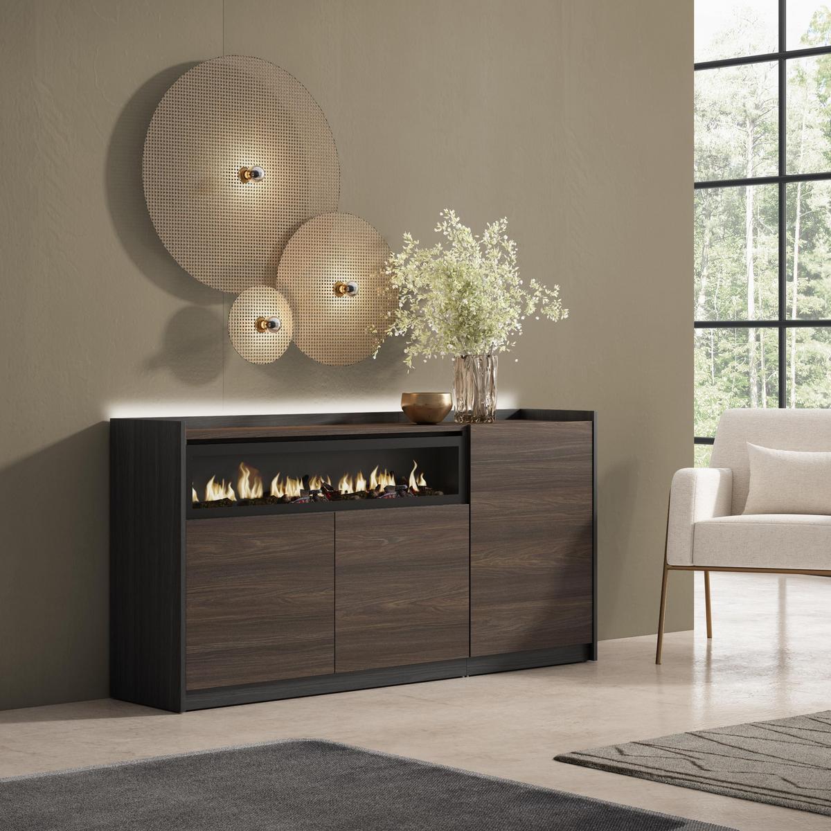 SIDEBOARD, Eiche und Schwarz, 156/37/80cm, Kamin mit Feuereffekt - Dunkelbraun, Holzwerkstoff (156/80/37cm) - Skraut Home