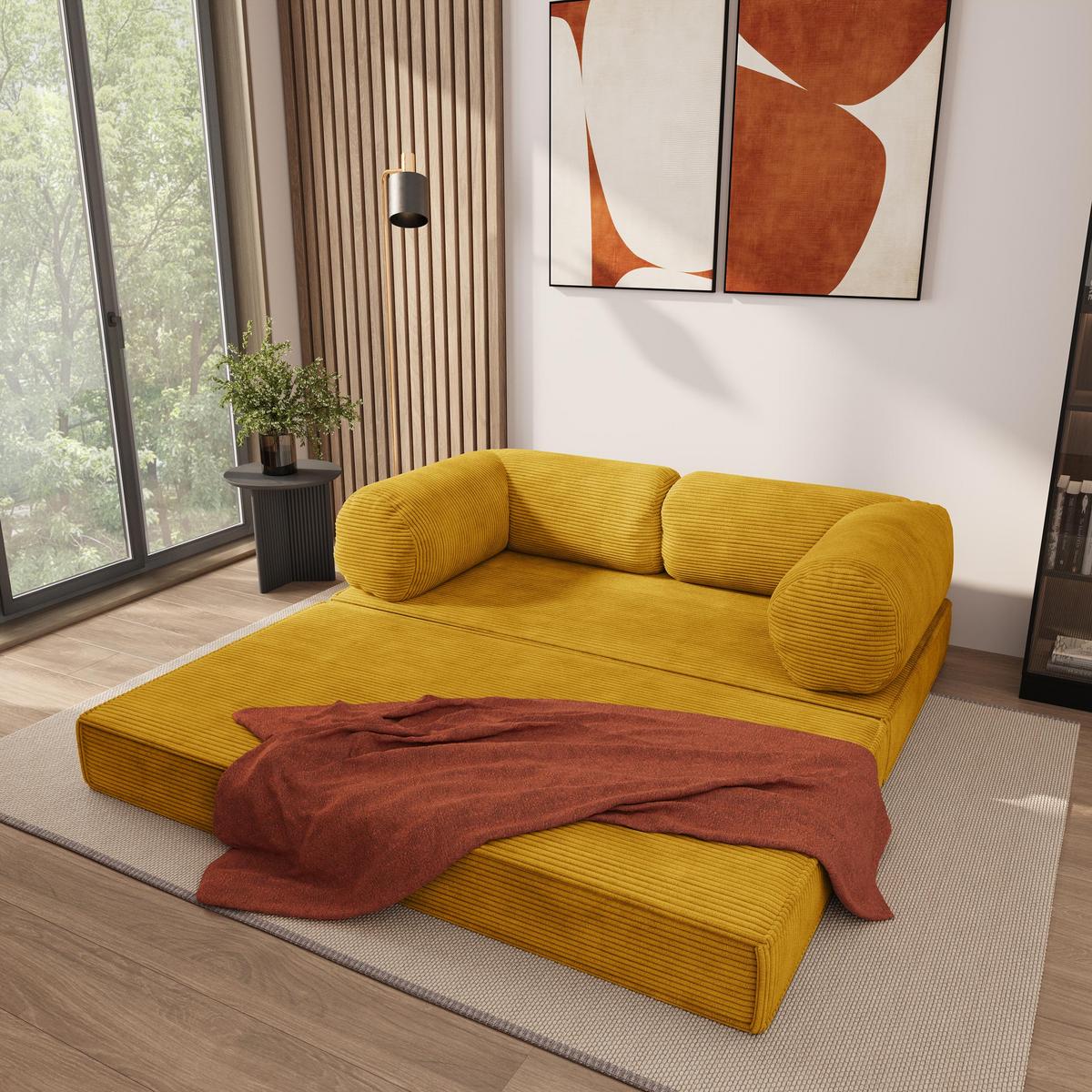 BETTSOFA ALVIO aus Schaumstoff Kordstoff Gelb Schlaffunktion - Gelb, Textil (170/68/80cm) - MASSENO