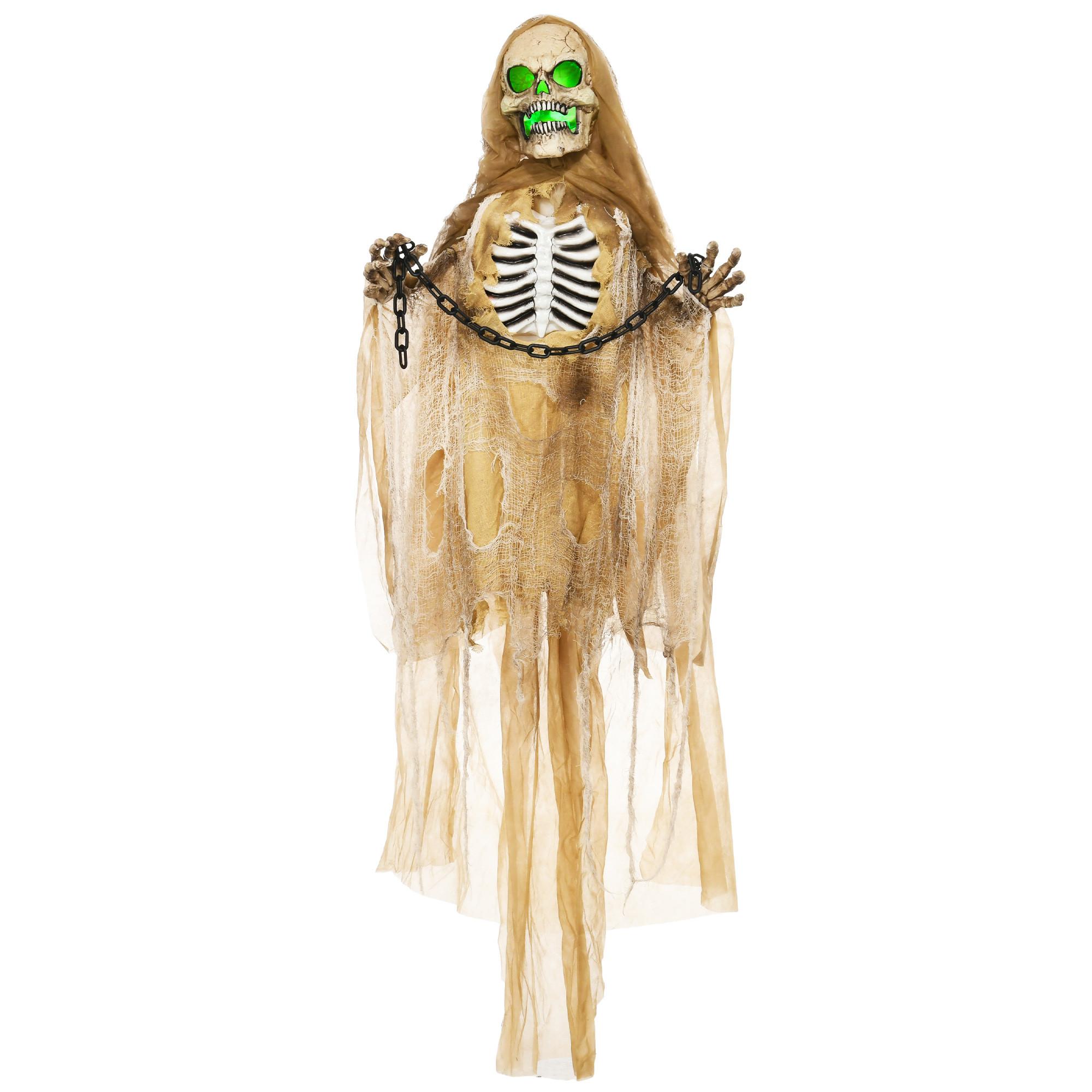 183CM Halloween Dekoration Hängendes Skelett mit LED-Lichter, Soundfunktion - Hellbraun, Kunststoff (18/183/70cm) - HOMCOM