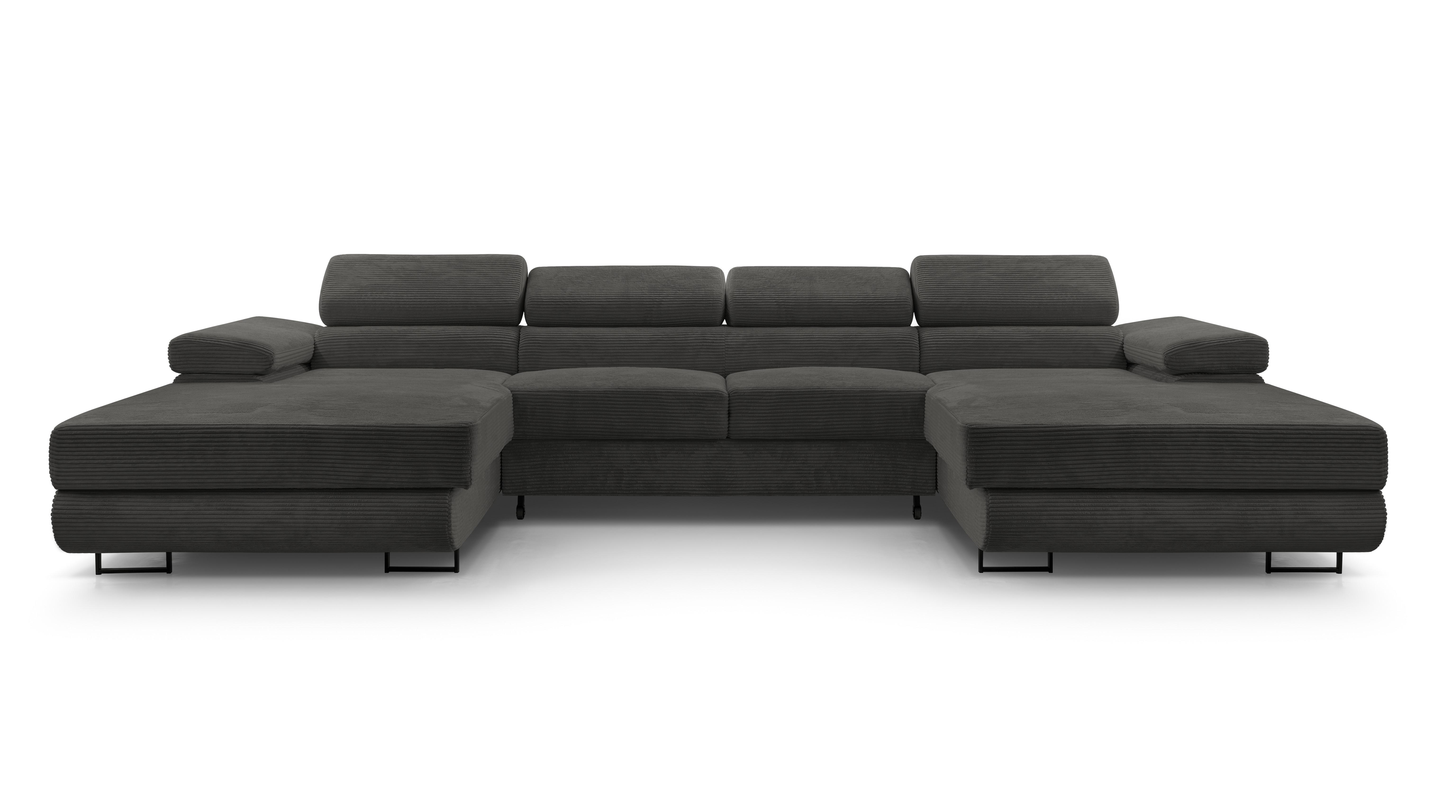 WOHNLANDSCHAFT GIULIO Grau Velours-Stoff mit Schlaffunktion - Grau, Holz (352/90/202cm) - MASSENO
