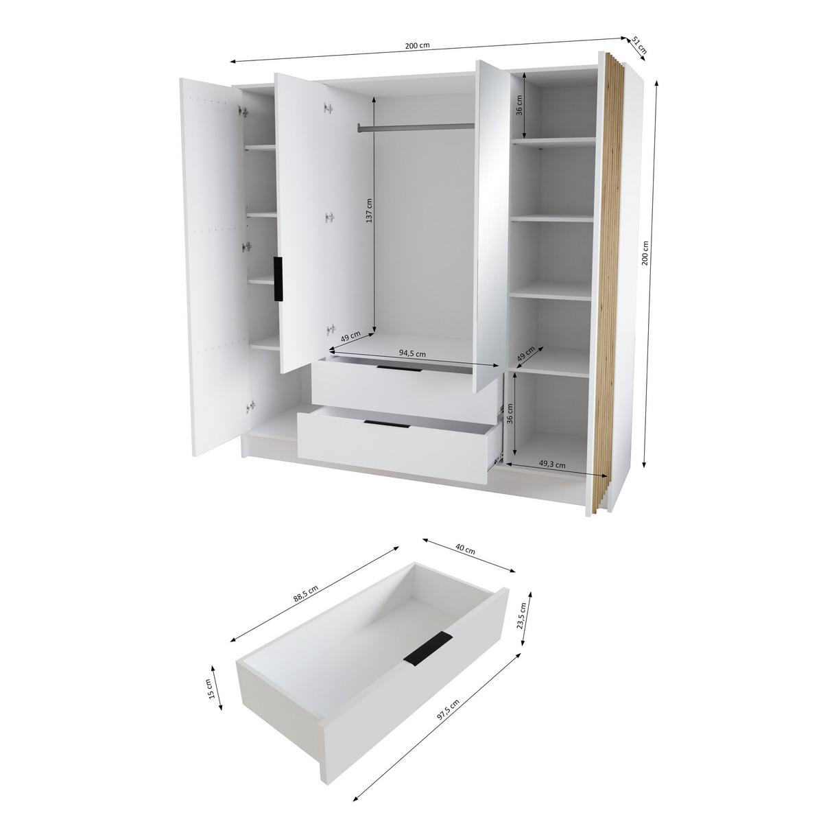DREHTÜRENSCHRANK PELOR 200/200/51 cm Modern Kleiderschrank 4-türig mit Spiegel Schwarz - Schwarz/Weiß, Holzwerkstoff (200/200/51cm) - MASSENO