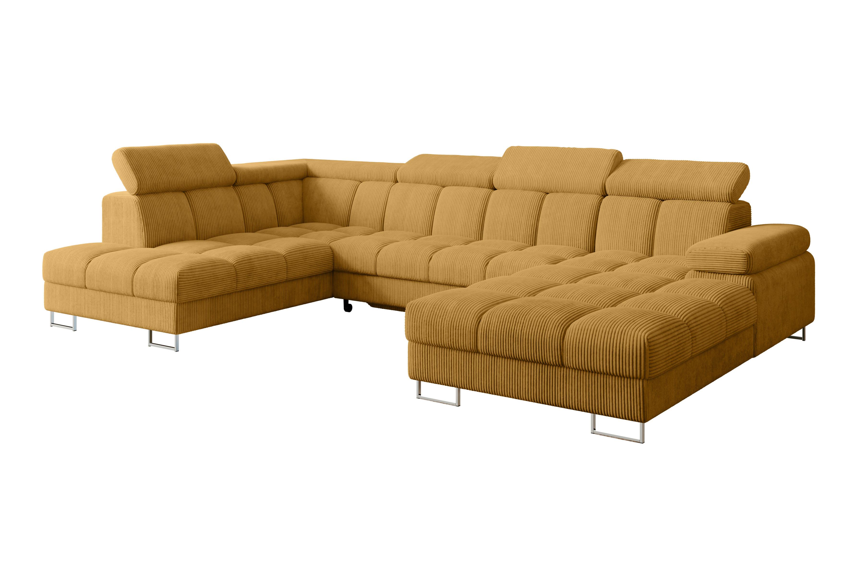 WOHNLANDSCHAFT mit Schlaffunktion und Bettkasten Ottomane Links COMA U 345x203x79 Senfgelb Cord - Honig, Holzwerkstoff/Textil (345/79/203cm) - ALTDECOR
