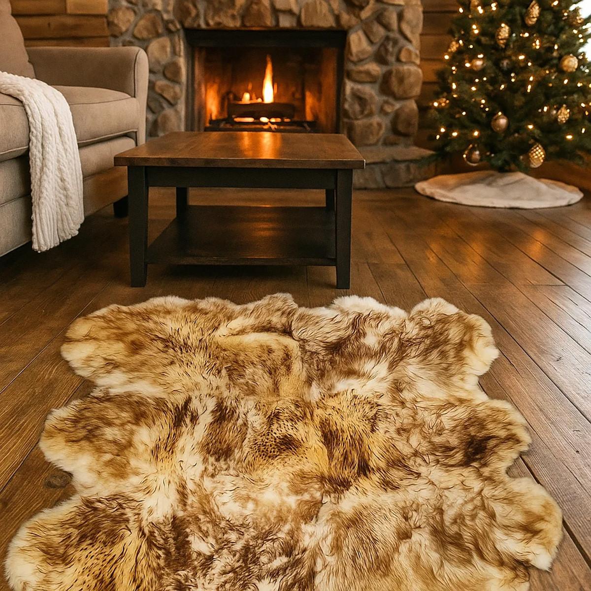 TEPPICH Schaffell-Decke 6-teilig Naturweiß/Naturbraun 190/160 cm - Braun/Weiß, Fell (160/190cm) - Provellus