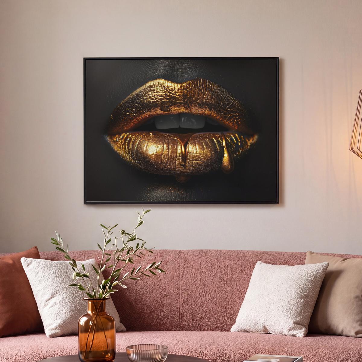 LEINWAND Bilder mit Rahmen - Frau - Porträt - Lippen - Gold - Schwarz - 70x50 - Schwarz, Textil (70/50cm) - MuchoWow
