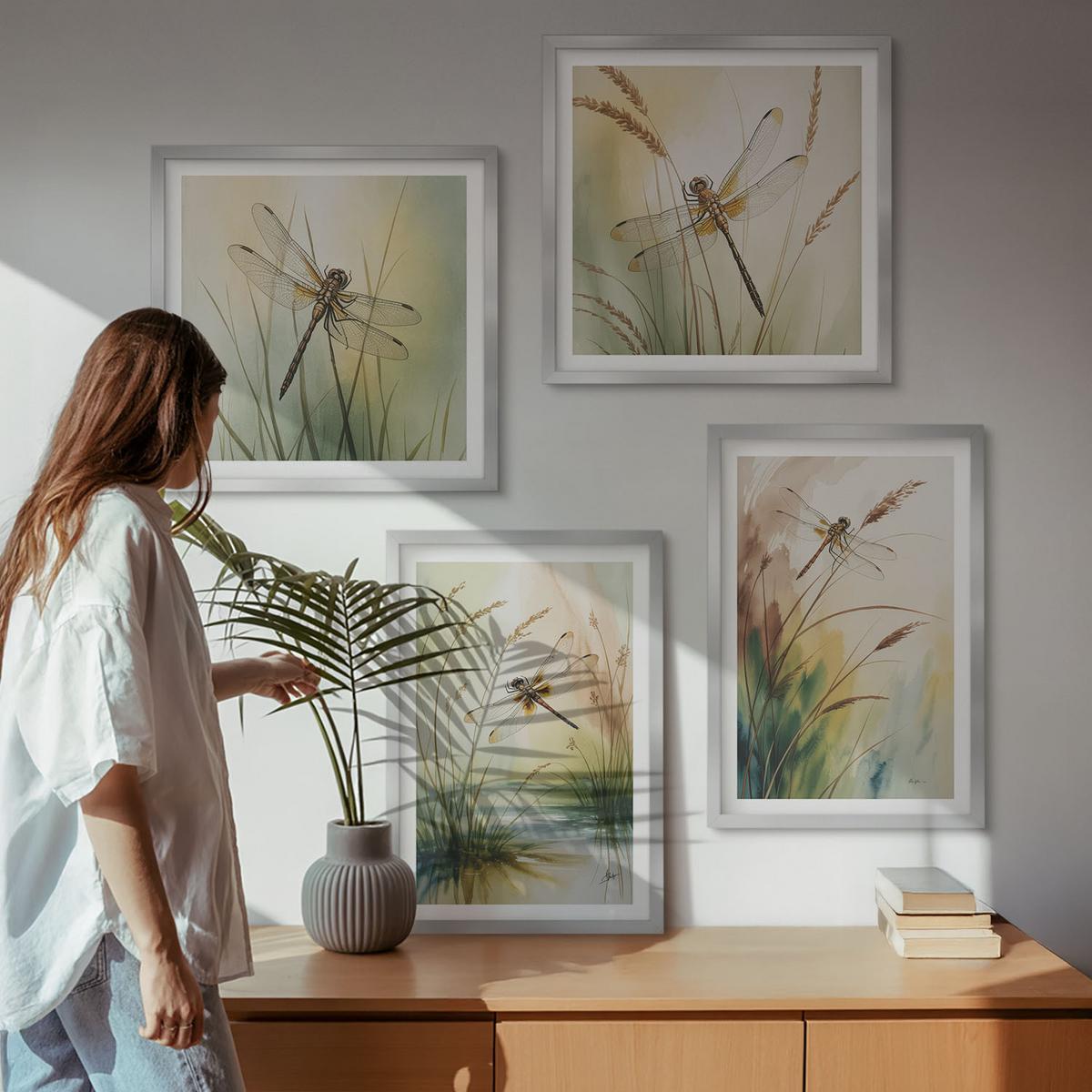 BILDER SET 4er Set - 50x50 cm & 40x60 cm Silberner Rahmen - Libellen im Gras, Wassermalerei - Silberfarben, Kunststoff (50/50cm) - TULUP