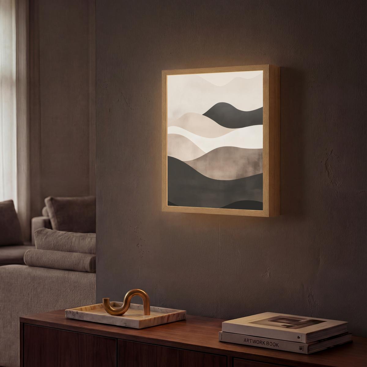 WANDLEUCHTE MIT AKKU Abstrakt - Landschaft - Wellen - Cremefarben 30x40 cm - Graubraun, Holzwerkstoff (30/40/8cm) - OnlyWow