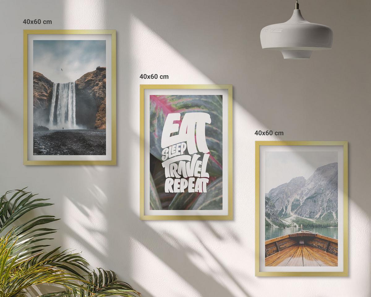 BILDER SET 3er Set - 40x60 cm Goldrahmen - Wasserfall Berge Natur Boot - Goldfarben, Kunststoff (40/60cm) - TULUP