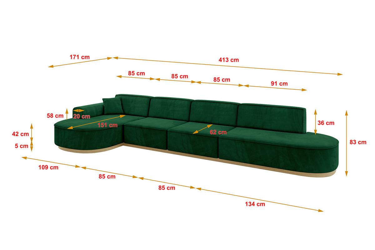 ECKSOFA Ottomane Links MARI-L3-v2 - 413x171x83 cm Dunkelgrün Velours - Dunkelgrün, Holzwerkstoff/Textil (413/171cm) - ALTDECOR