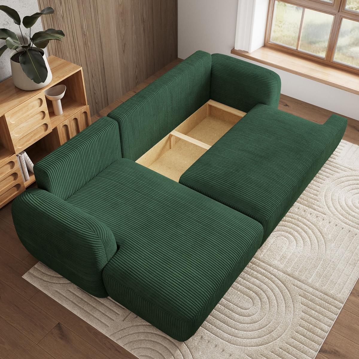 ECKSOFA MODENZA P L-S Grün Kordstoff mit Schlaffunktion - Schwarz/Grün, Holz/Kunststoff (266/148cm) - MASSENO