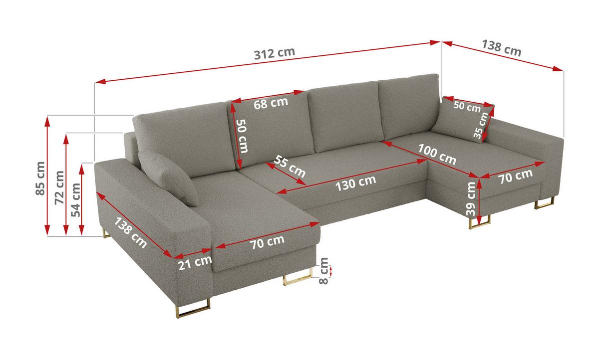WOHNLANDSCHAFT DORIAN U Bouclé Hellgrau - Goldfarben/Hellgrau, Textil/Metall (312/85/138cm) - MKS