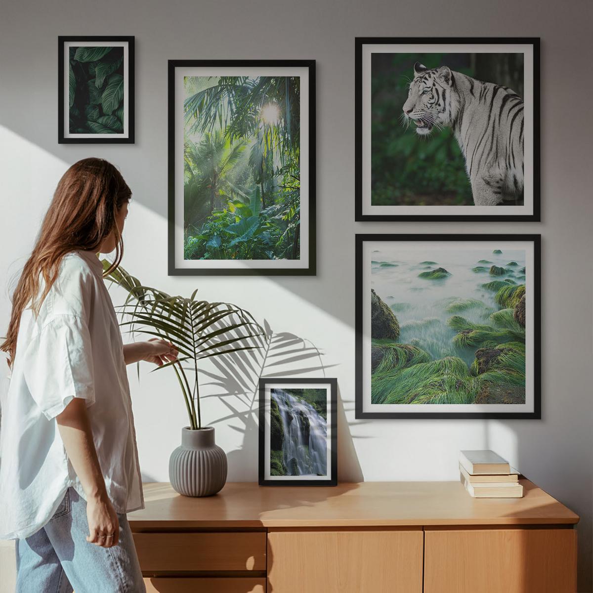 BILDER SET 5er Set - 50x50 cm & 20x30 cm & 40x60 cm Schwarzer Rahmen - Blätter und Blüten in verschiedenen Farben - Schwarz, Kunststoff (40/60cm) - TULUP