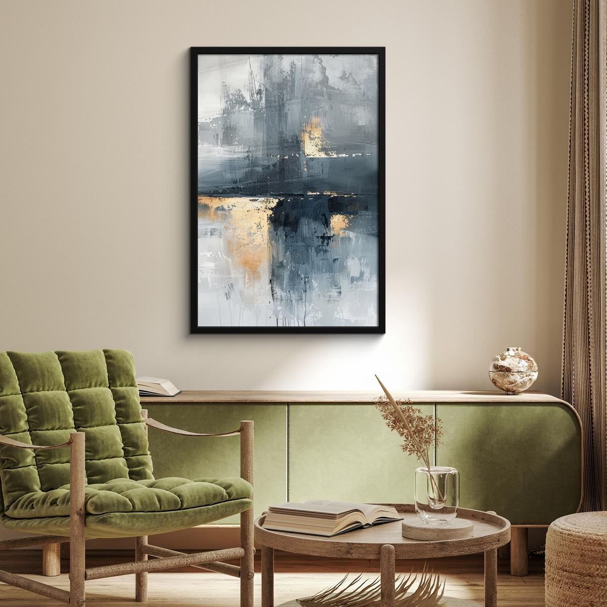 POSTER MIT RAHMENGERAHMTES BILD Kunst - Grau - Gold - Abstrakt 60x90 cm - Dunkelgrau, Papier (60/90cm) - MuchoWow