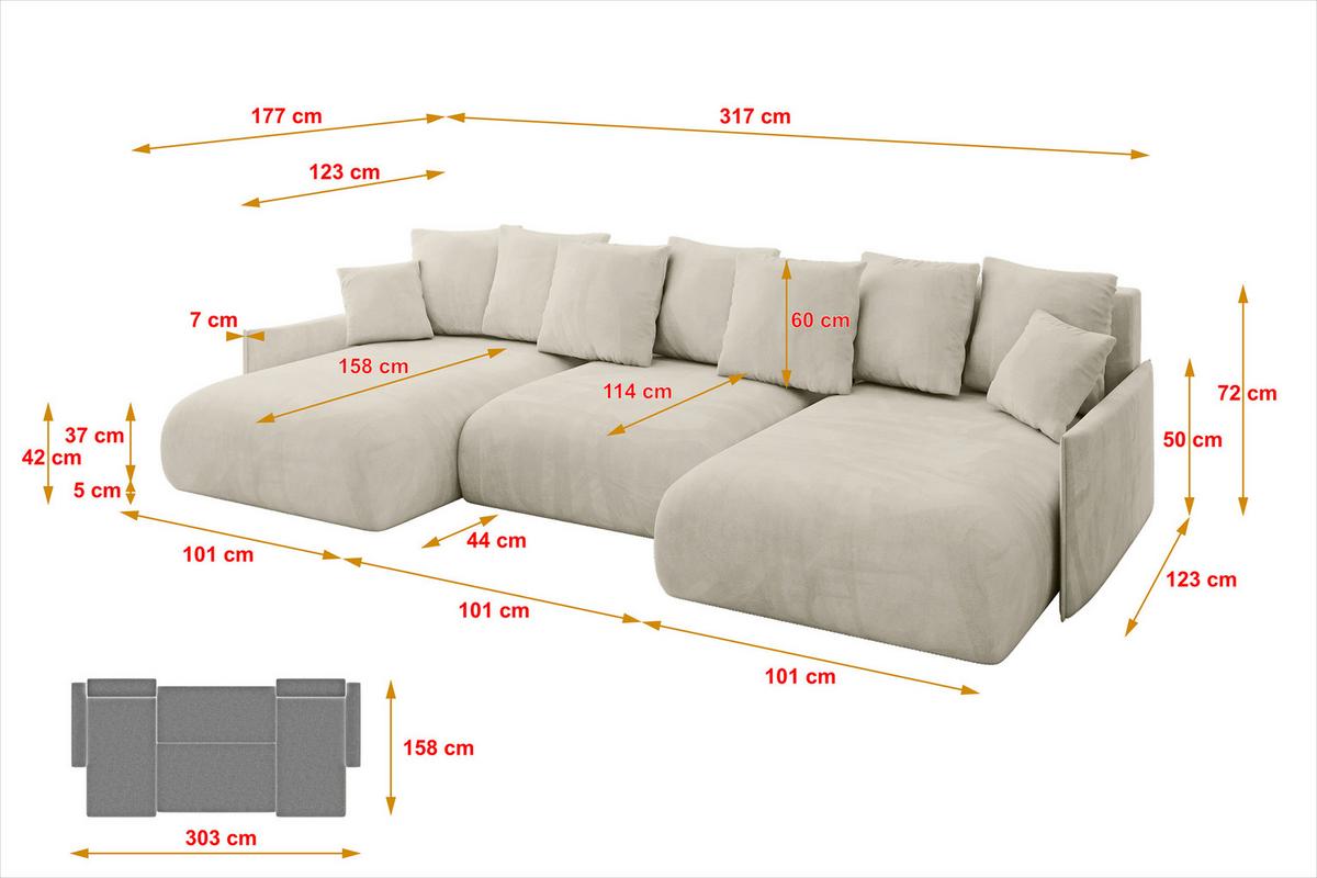 WOHNLANDSCHAFT mit Schlaffunktion und Bettkasten ONESK-U-v1 317x177x72 Ecru Velours - Ecru, Holzwerkstoff/Kunststoff (317/72/177cm) - ALTDECOR