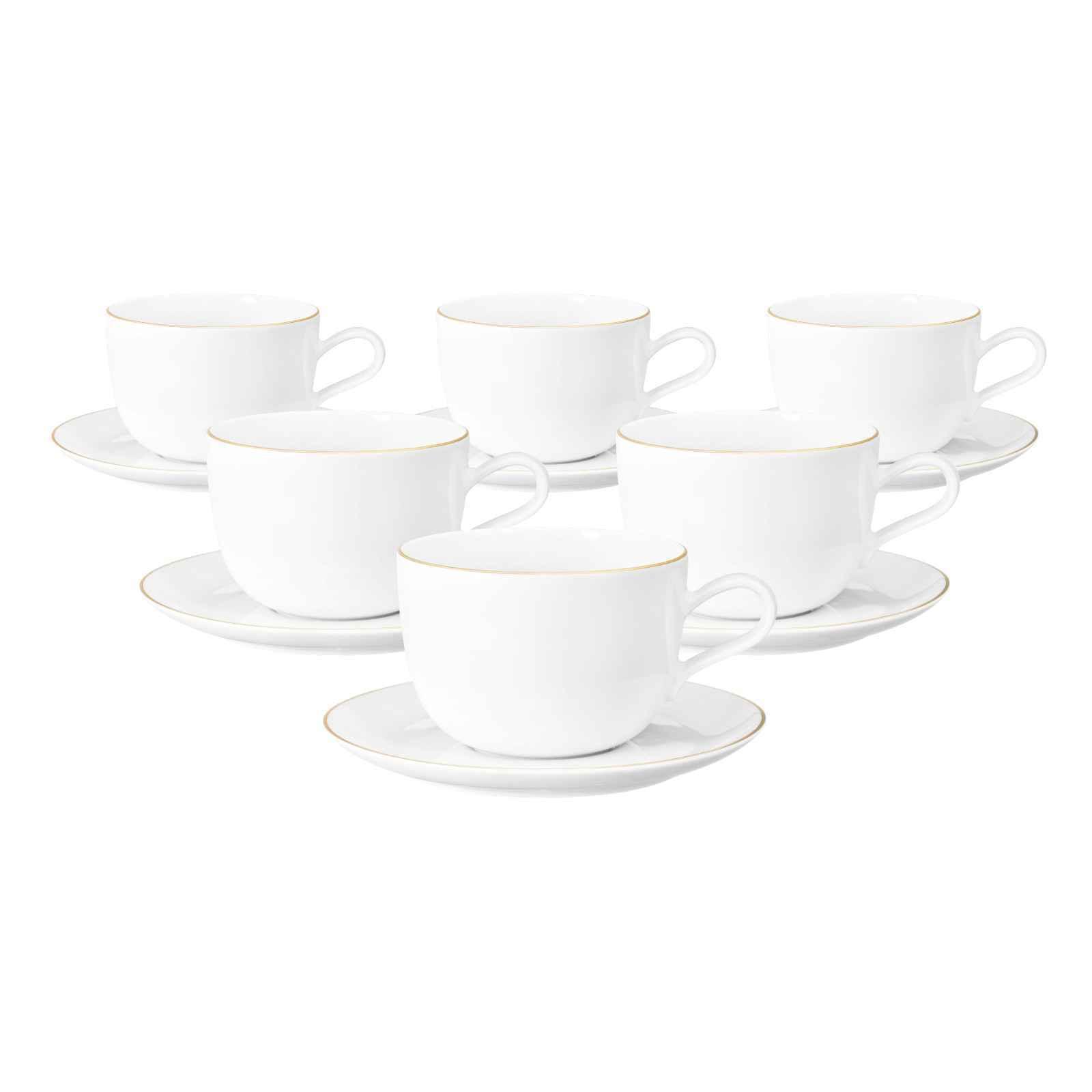 MILCHKAFFEETASSEN MIT UNTERTASSEN Liberty Goldrand weiß-gold 380 ml 6er Set - Goldfarben/Weiß, Keramik (0.38L) - Seltmann Weiden