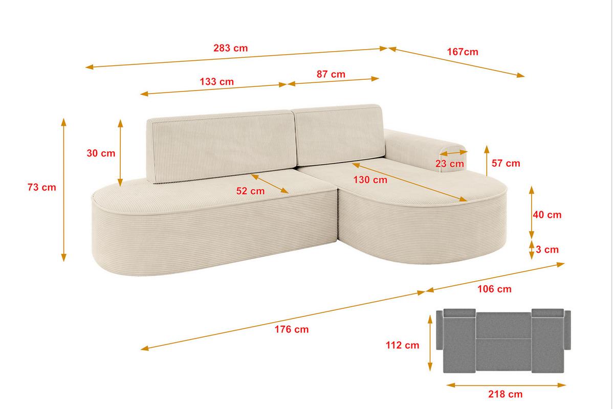 ECKSOFA mit Schlaffunktion und Bettkasten Ottomane Rechts MARI-L1-S - 283x167x73 cm Beige Cord - Cognac/Schwarz, Holzwerkstoff/Kunststoff (167/283cm) - ALTDECOR