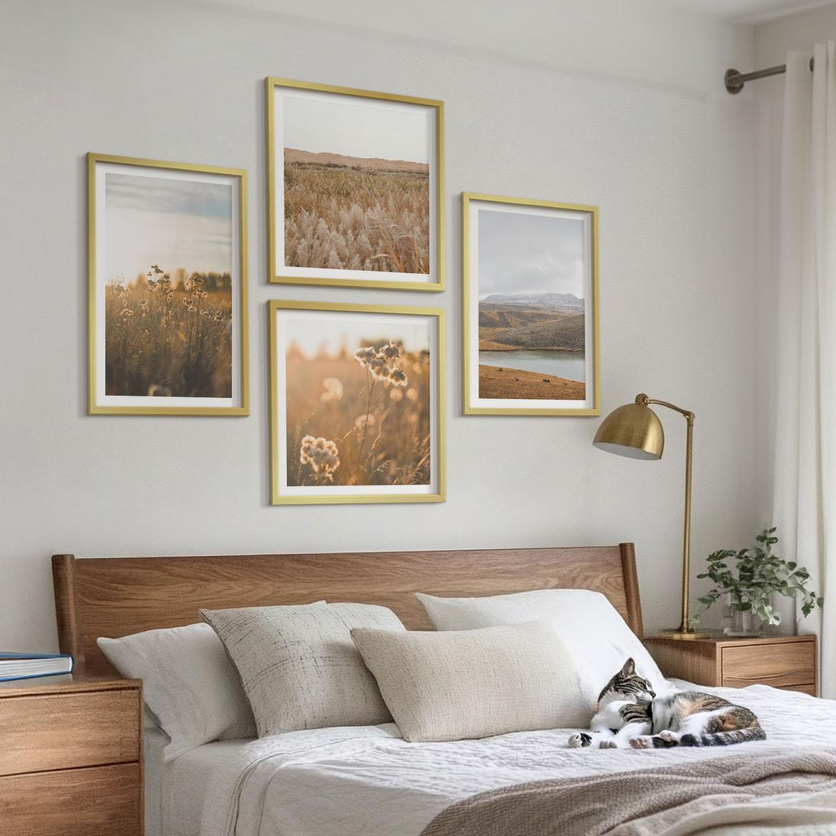 BILDER SET 4er Set - 50x50 cm & 40x60 cm Goldrahmen - Landschaften Wiesen Berge See - Goldfarben, Kunststoff (50/50cm) - TULUP