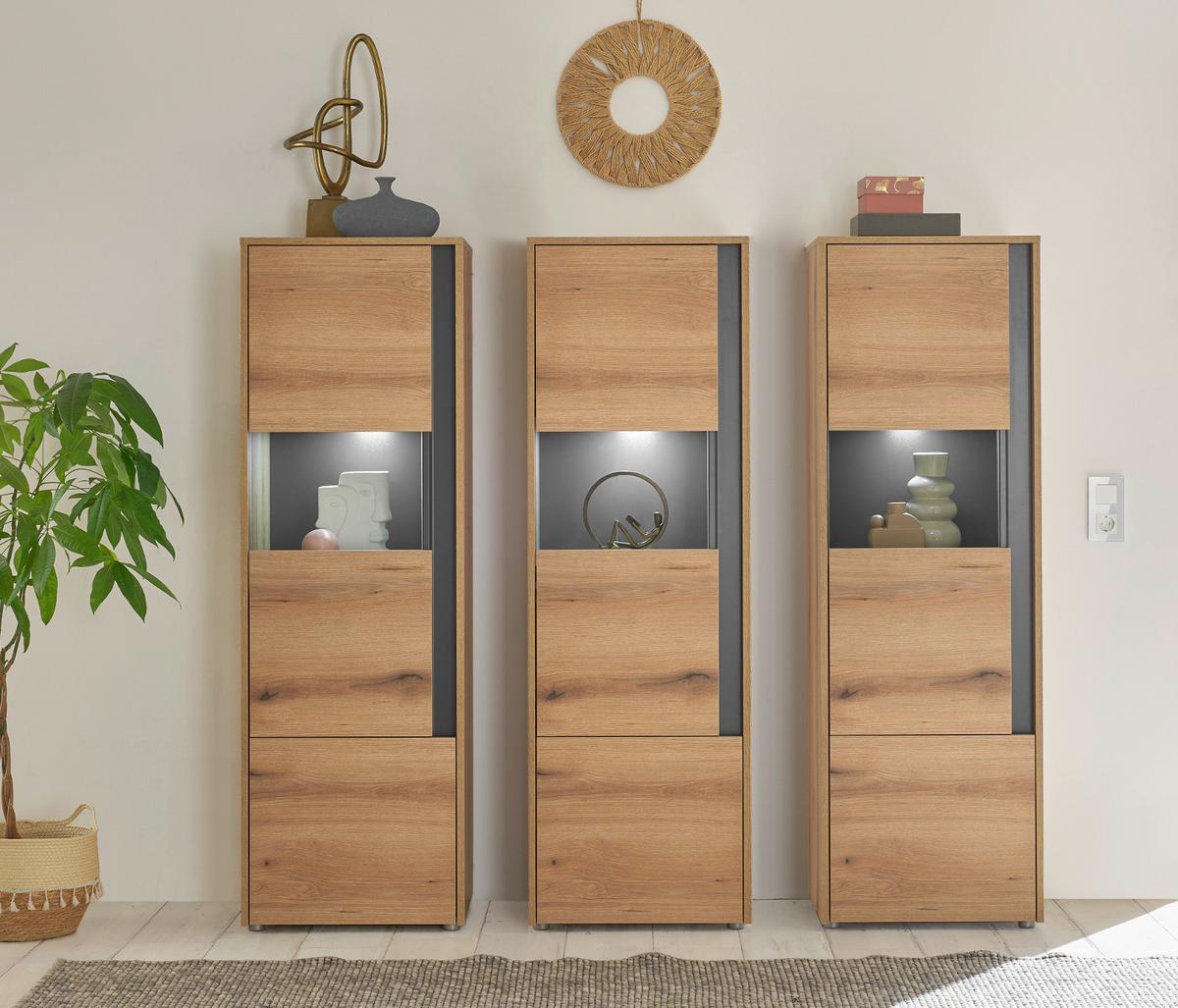 SCHRANK-SET 3-teilig Evoke Eiche, grau, Wohnkombination mit 3 x Vitrine - Eichefarben/Grau, Glas/Holzwerkstoff (190/155/40cm) - Furn.Design