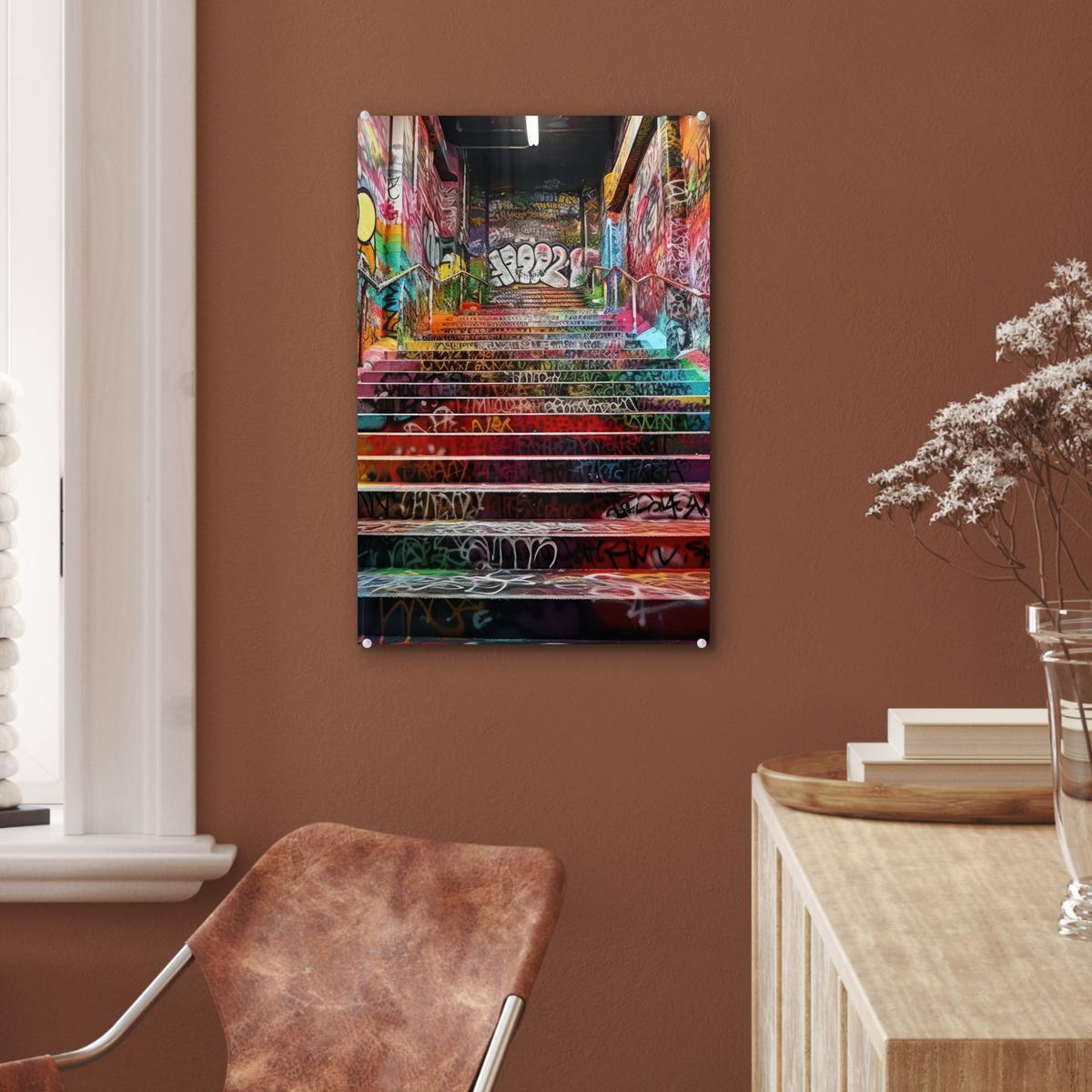 ACRYLGLASBILD Treppe - Graffiti - Farben - Kunst Wanddeko Wohnzimmer 40x60 cm - Multicolor, Glas (40/60cm) - MuchoWow