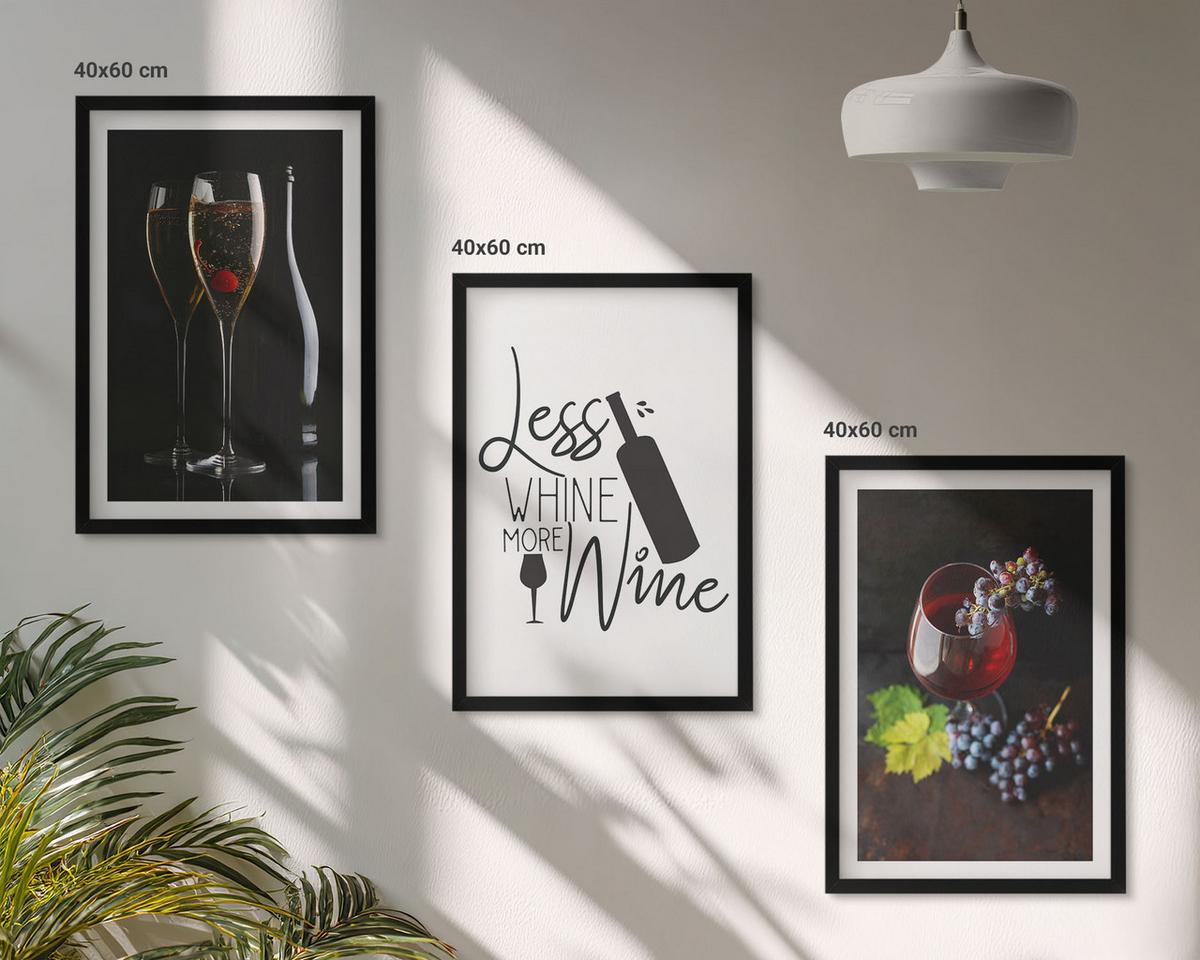 BILDER SET 3er Set - 40x60 cm Schwarzer Rahmen - Weingläser mit Trauben und Inschrift - Schwarz, Kunststoff (40/60cm) - TULUP