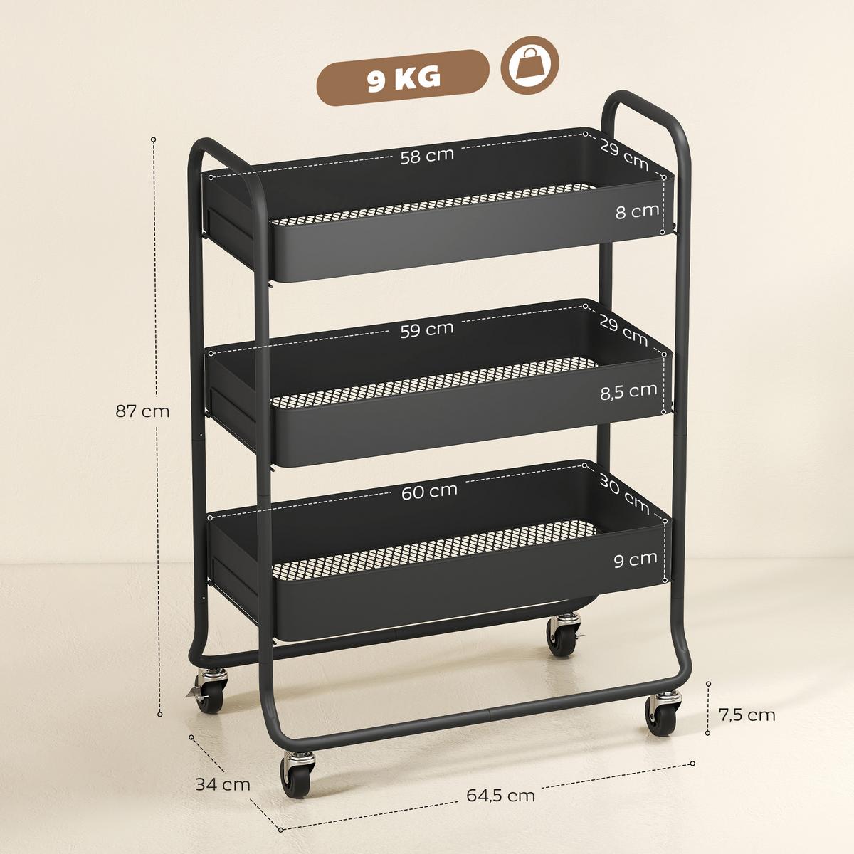 KÜCHENWAGEN Metall Schwarz - Schwarz, Metall (34/87/64.5cm) - HOMCOM