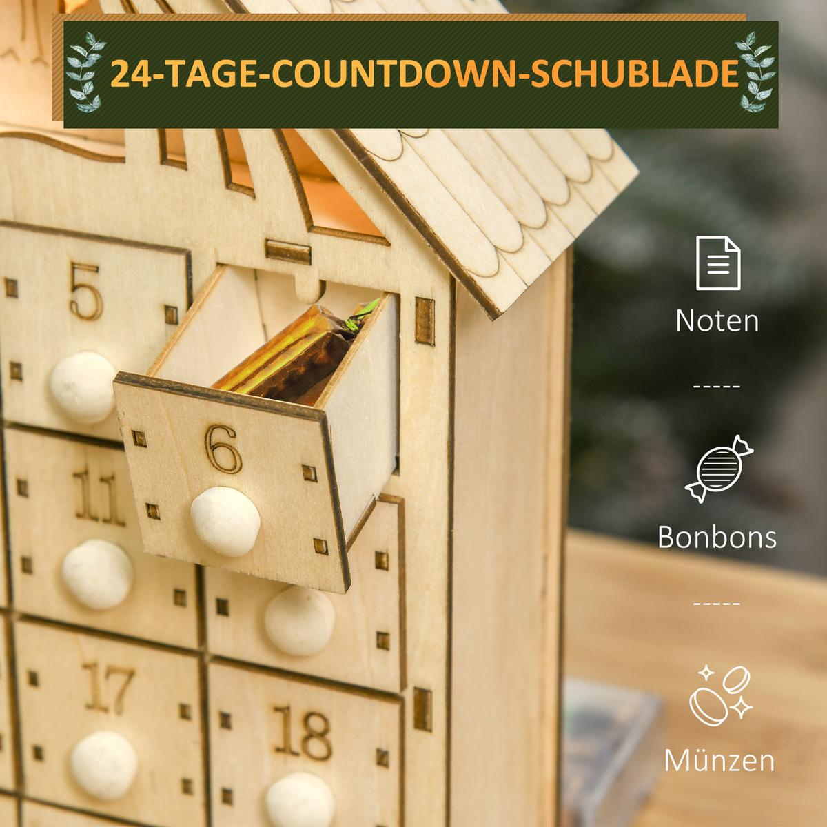 ADVENTSKALENDER Weihnachtskalender 24 Schubladen mit LED-Lichtern MDF Naturholz - Naturfarben, Holz (6/30/26.6cm) - HOMCOM