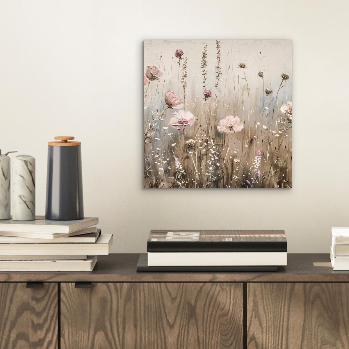 METALLBILD Blumen - Rosa - Modern - Beige 20x20 cm - Beige, Metall (20/20cm) - MuchoWow