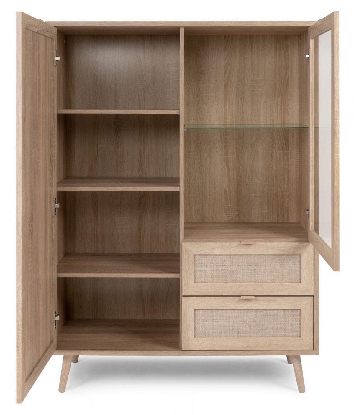 HIGHBOARD Eiche Sonoma, Bast-Dekor 102 cm, Anrichte skandinavisch - Eichefarben, Glas/Holz (101.5/139/40cm) - Furn.Design