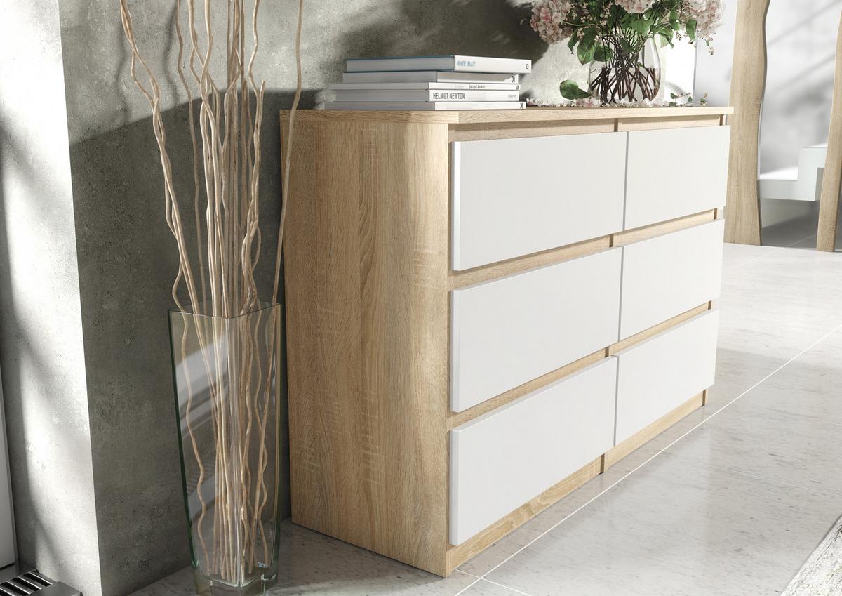 KOMMODE NUDO 138,5/78,5/39cm mit 6 Schubladen Türen Sonoma Eiche - Weiß/Sonoma Eiche, Holzwerkstoff (138.5/78.5/39cm) - MASSENO