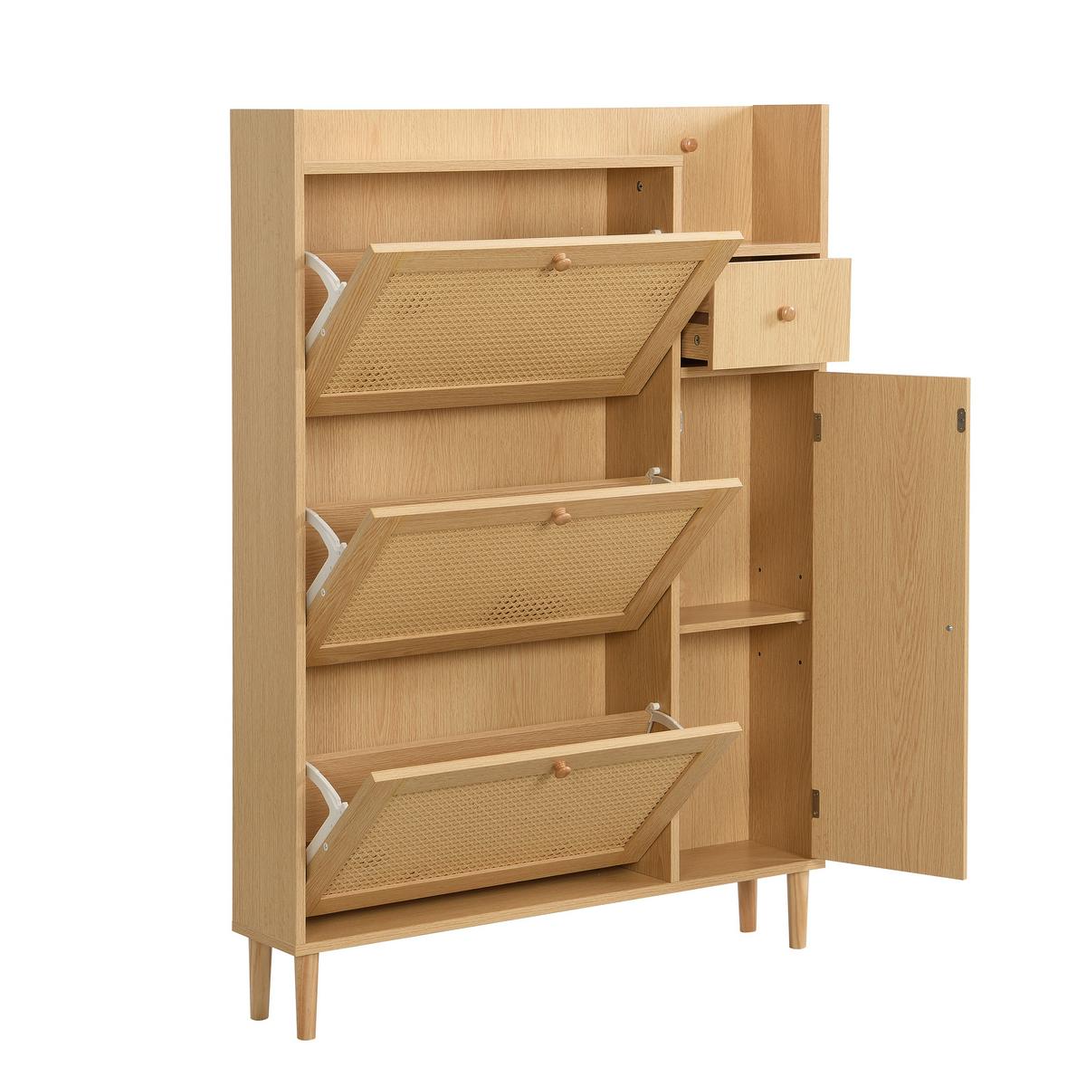 SCHUHSCHRANK Rattan Platzsparender mit 3 Kipp-Türen & 1 Schublade - Eichefarben, Holzwerkstoff (90/125/17cm) - Urban Meuble