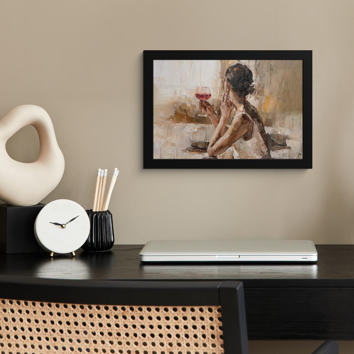 POSTER MIT RAHMENGERAHMTES BILD Ölgemälde - Frau - Wein 30x20 cm - Hellbraun, Papier (30/20cm) - MuchoWow