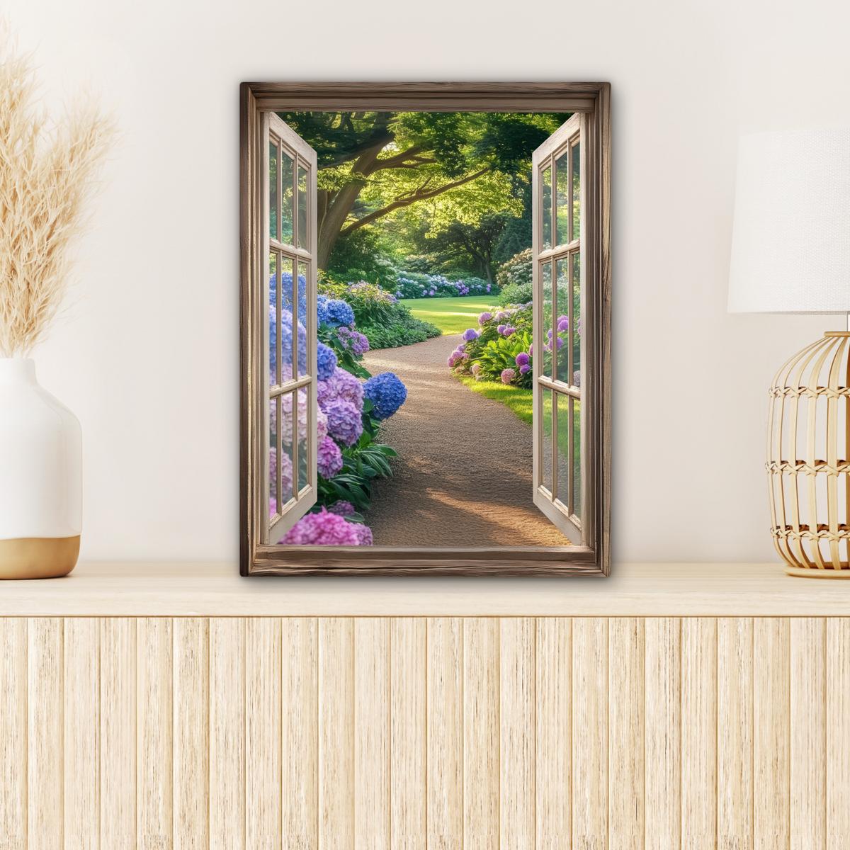 LEINWANDBILD Aussicht - Garten - Fenster - Hortensie - Blumen Room Decor 30x40 cm - Pastellblau, Textil (30/40cm) - MuchoWow