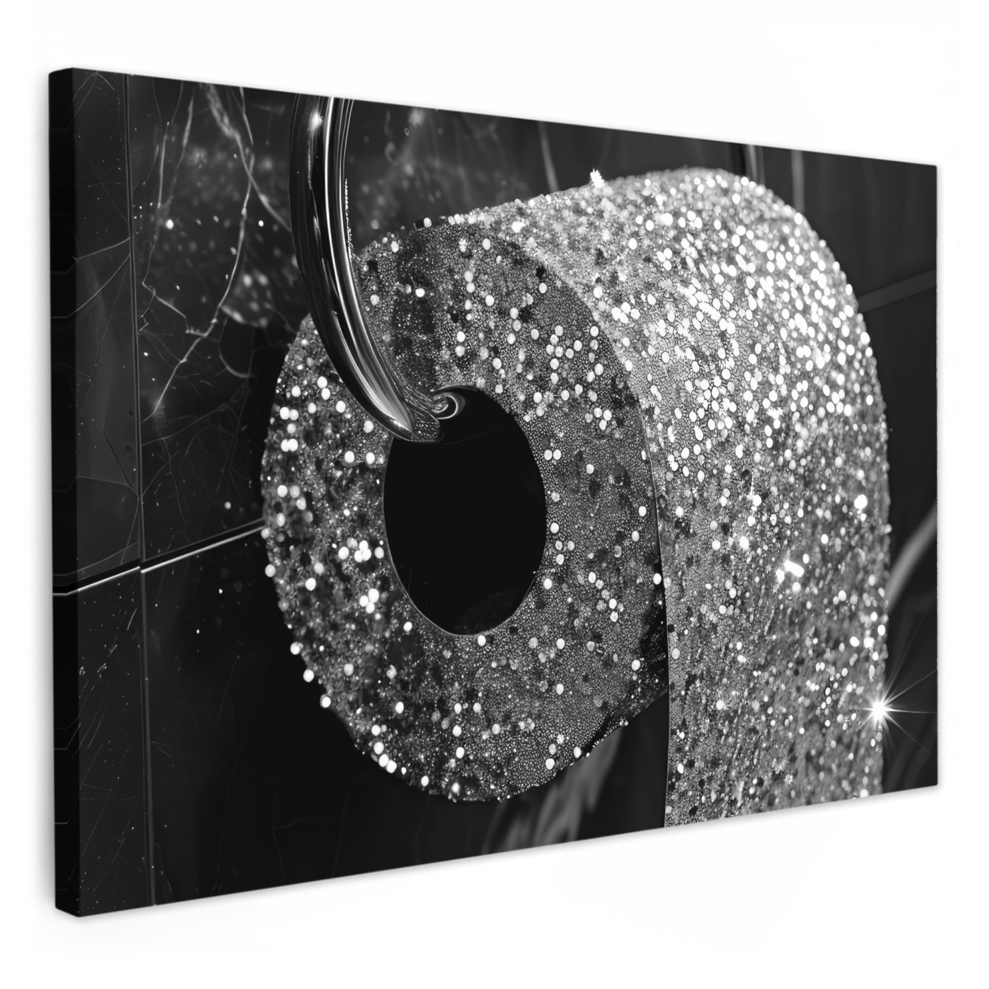 LEINWANDBILD WC - Toilettenpapier - Schwarz und weiß - Glitter Deko Schlafzimmer 30x20 cm - Silberfarben, Textil (30/20cm) - MuchoWow