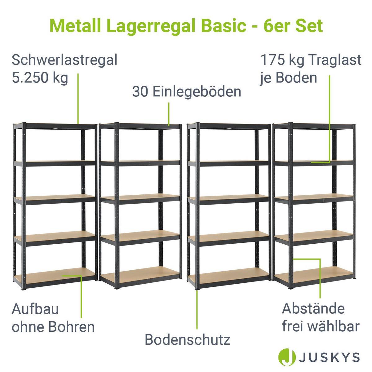 LAGERREGAL Basic grau 180x90x40 cm (6er-Set) - Grau, Metall (90/180/40cm) - Juskys