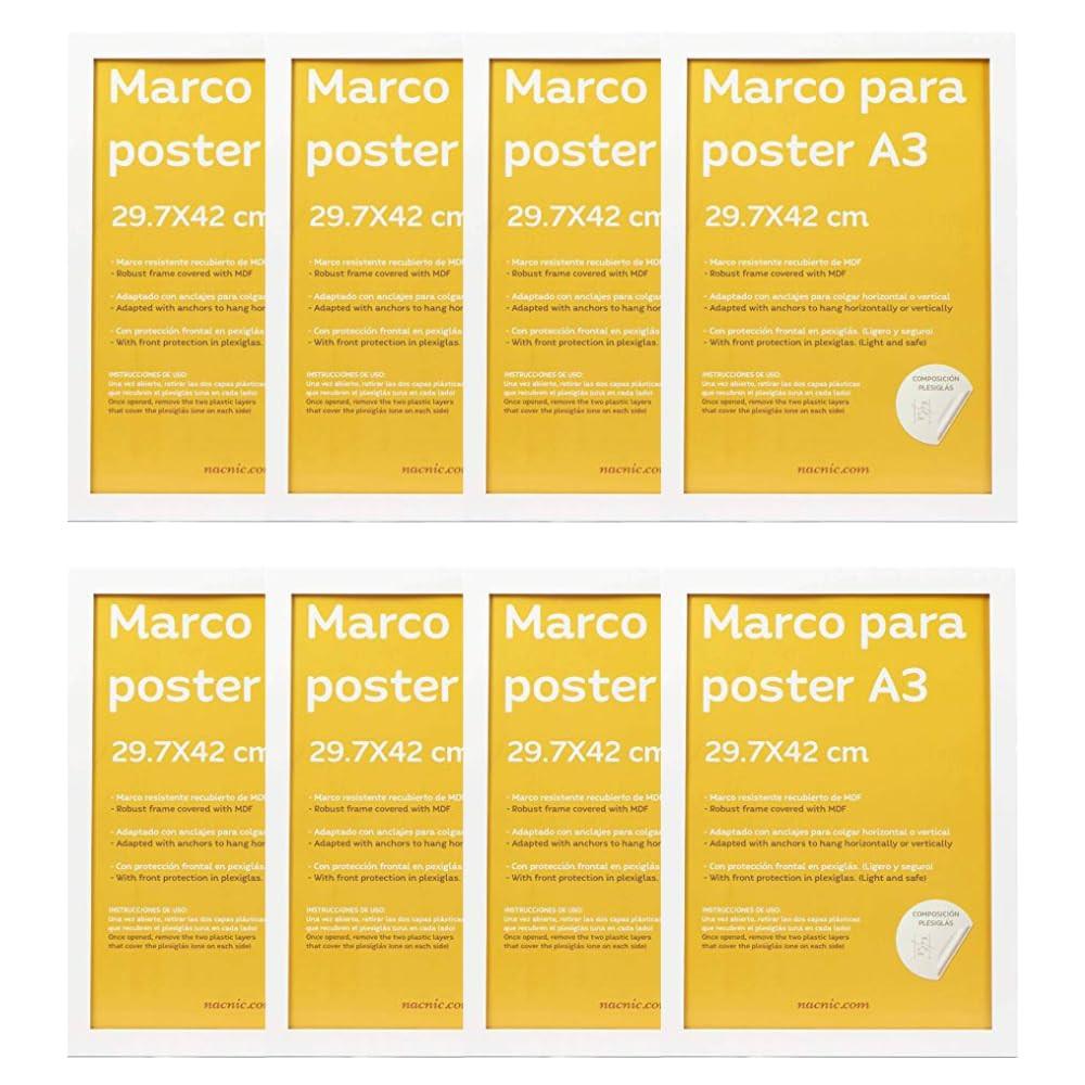 RAHMEN Set mit 8 aus MDF und Acrylglas Schutz und Aussteller für Fotografien, Bilder, Poster, Gemälde, Dekoration für Haus Farbe Weiß A3 - Weiß, Holz (29.7/3cm) - Nacnic