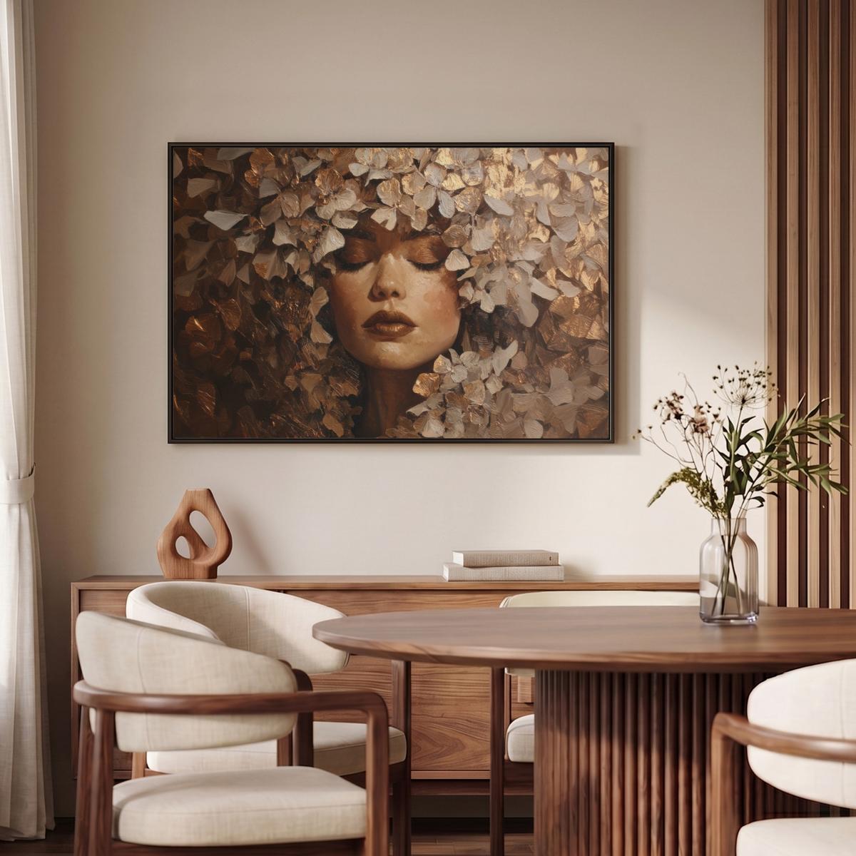 LEINWAND Bilder mit Rahmen - Gesicht - Dame - Blätter - Pinselstriche - 90x60 - Goldfarben, Textil (90/60cm) - MuchoWow
