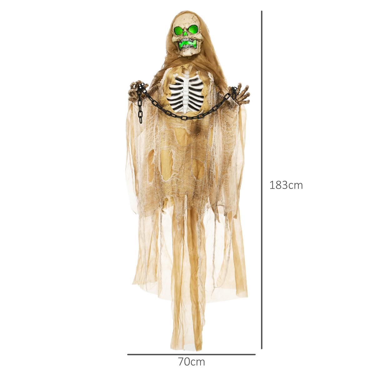 183CM Halloween Dekoration Hängendes Skelett mit LED-Lichter, Soundfunktion - Hellbraun, Kunststoff (18/183/70cm) - HOMCOM