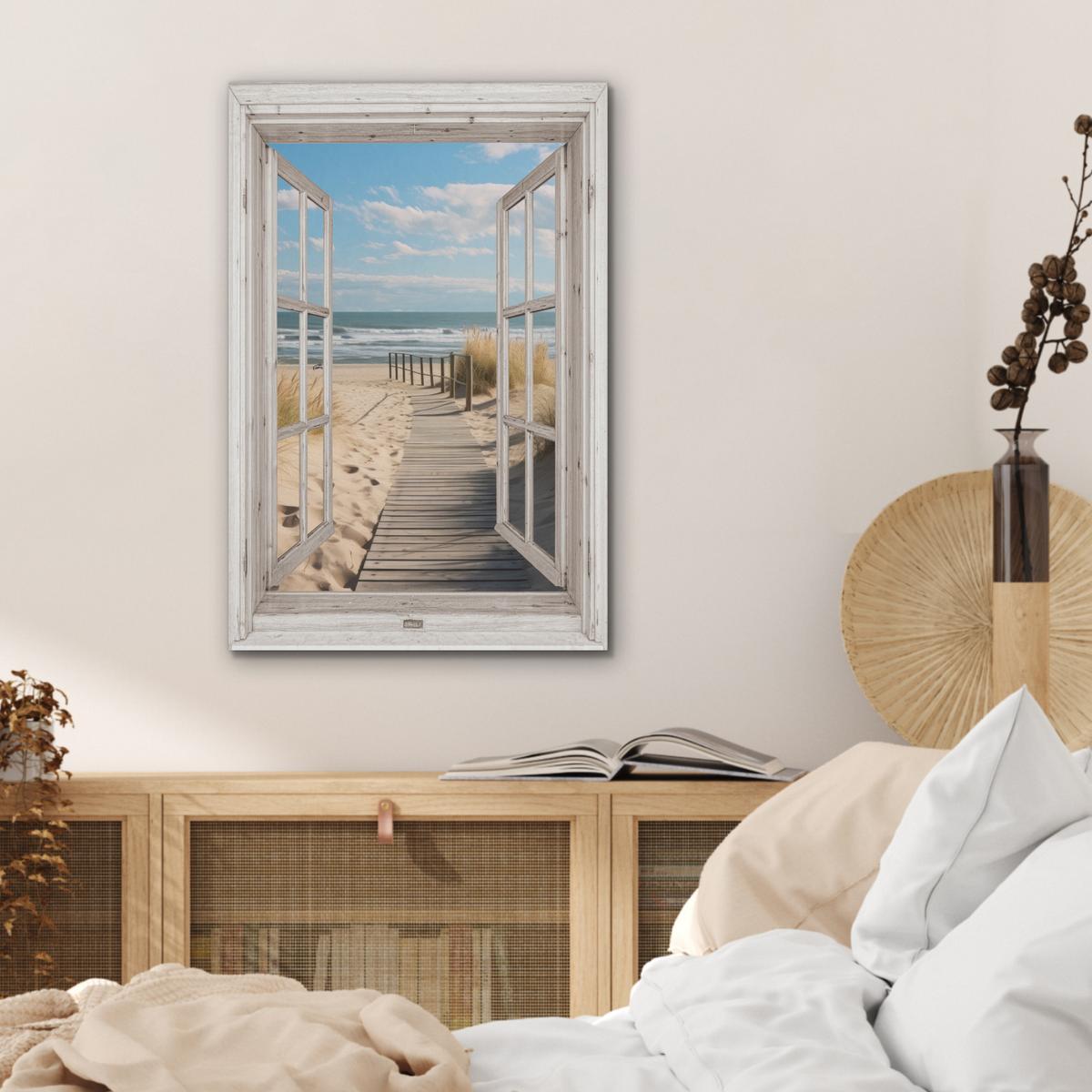 AKUSTIKBILD Fenster - Meer - Küste - Natur - Ausblick - Strand - Wattenmeer Kunstdruck Schlafzimmer 50x70 cm - Beige, Kunststoff (50/70/0.9cm) - MuchoWow