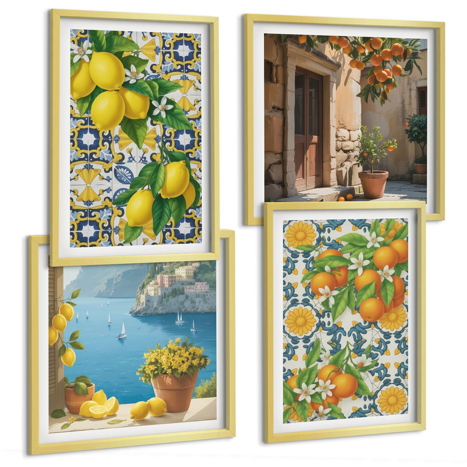 BILDER SET 4er Set - 50x50 cm & 40x60 cm Goldrahmen - Zitronen, Blumen, Orangen, Italien - Goldfarben, Kunststoff (50/50cm) - TULUP