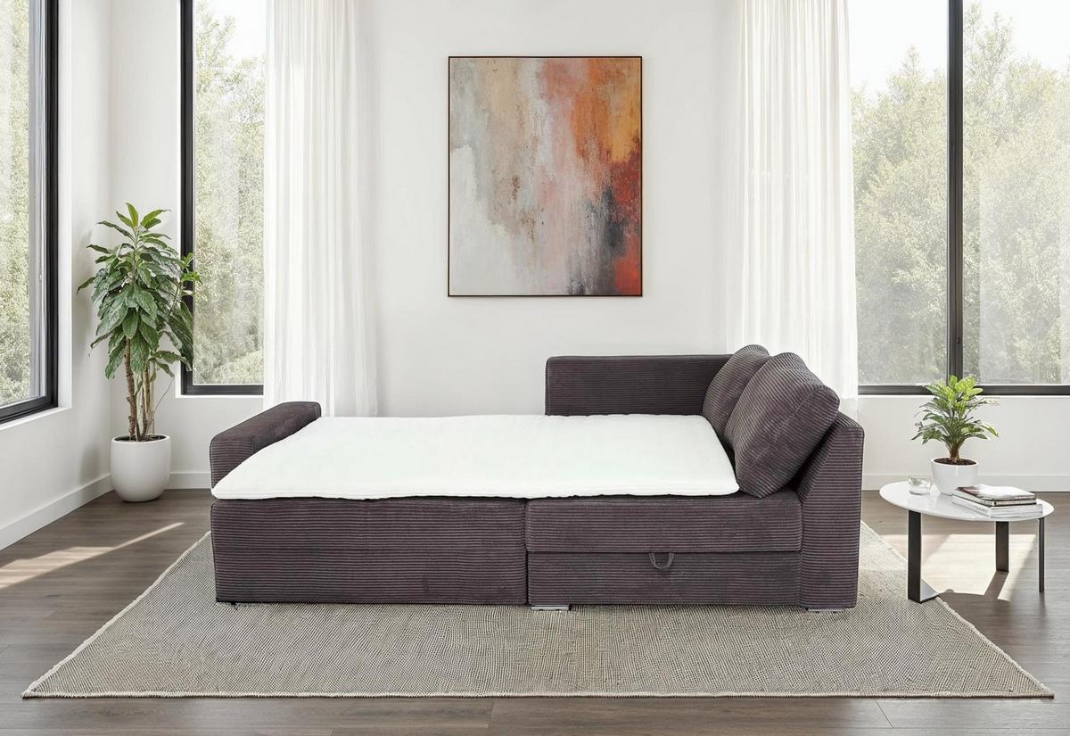 ECKSOFA-DAUERSCHLÄFER Boxspring Federkern Topper Bettkasten, seitenverkehrt montierbar B260/T181/H88 cm, Cord Dunkelgrau / 15233 - Chromfarben/Dunkelgrau, Textil/Metall (260/181cm) - luma-home