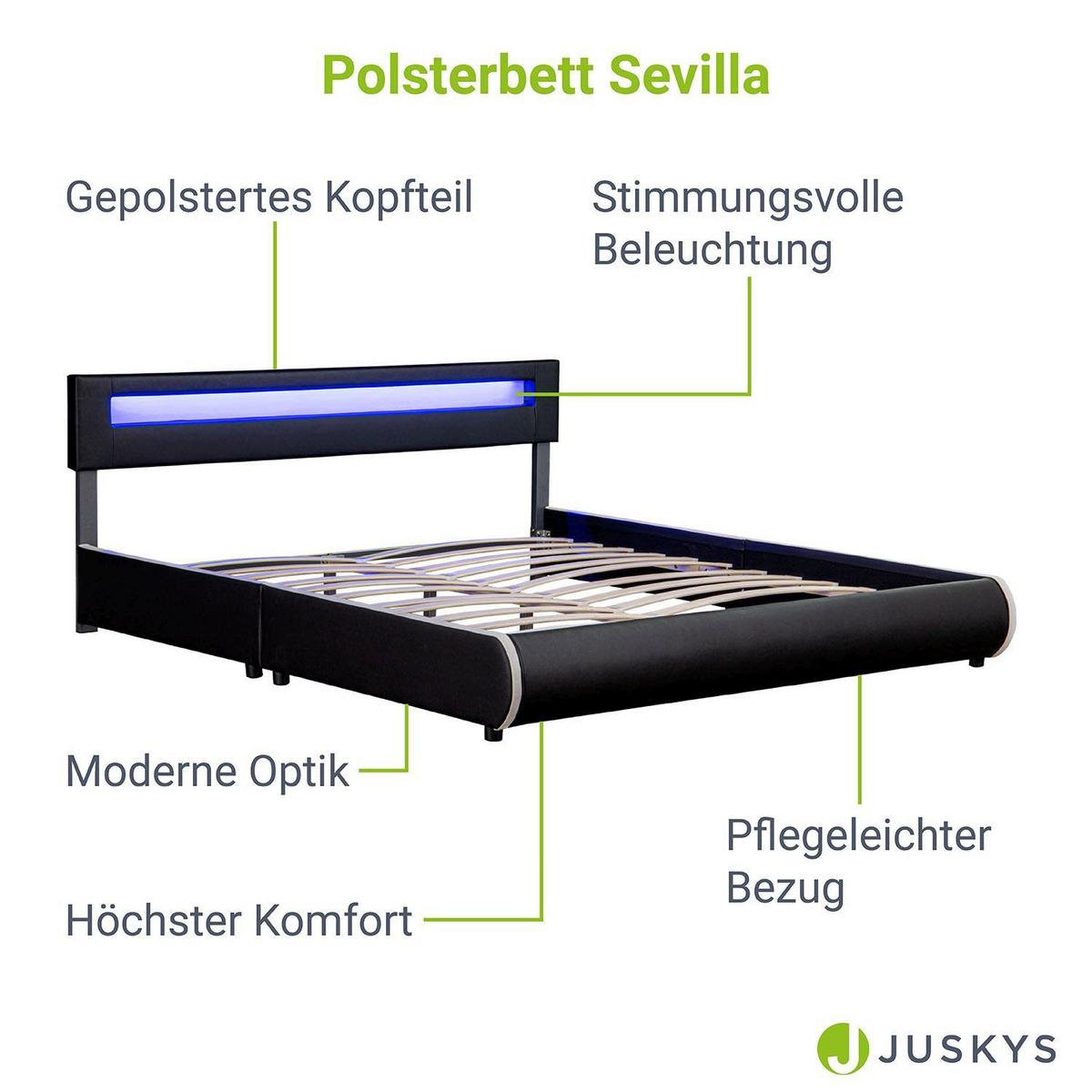 POLSTERBETT Sevilla schwarz mit Matratze 180x200cm inkl. LED - Schwarz, Textil (180/200cm) - Juskys