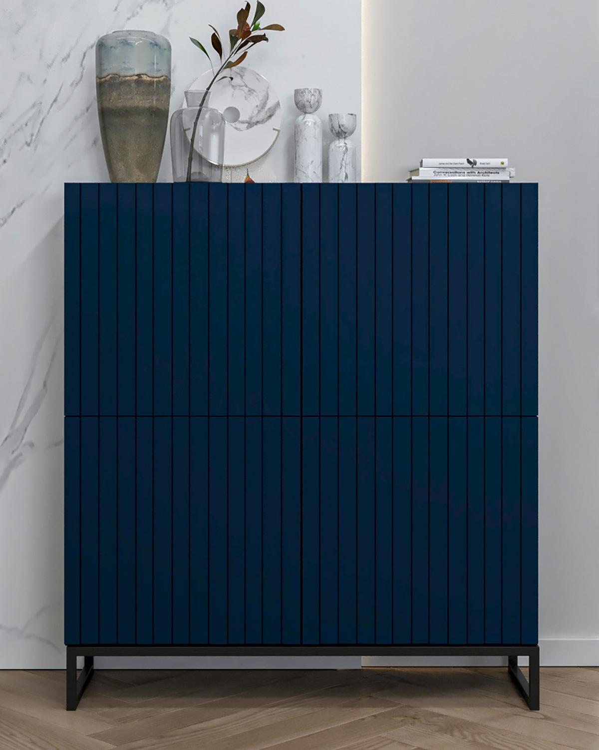 KOMMODE Elpis 4D Marineblau Matt mit metallrahmen Glamour 112 cm - Blau/Schwarz, Holzwerkstoff/Metall (112/126/36.5cm) - Meble Lindner