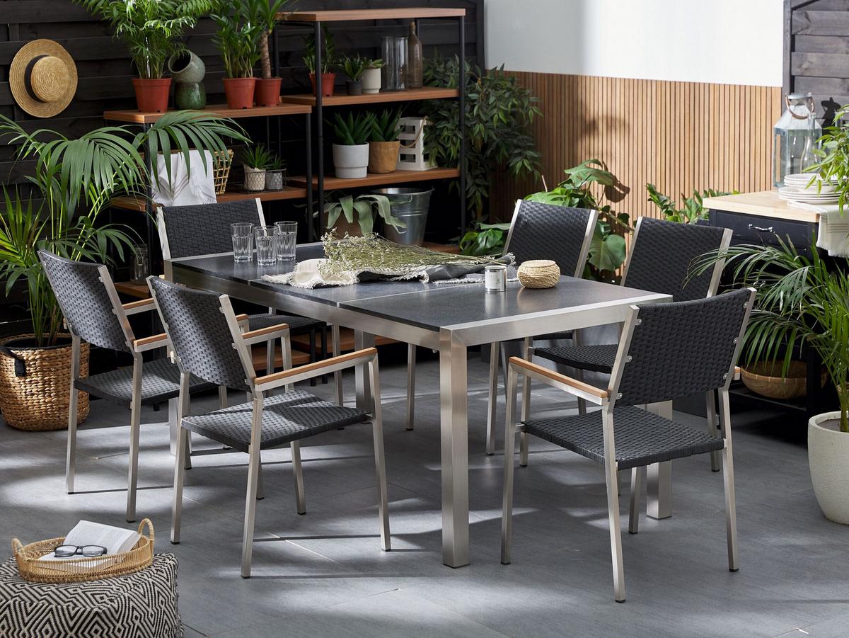 GARTENMÖBEL SET 6-Sitzer Naturstein schwarz geflammt Rattan Grosseto - Silberfarben/Schwarz, Metall - Beliani