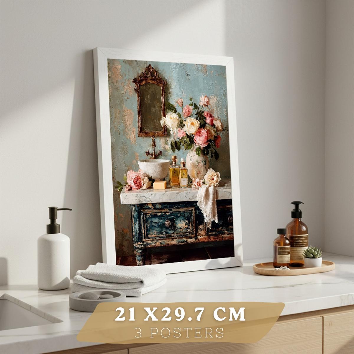 POSTER 3er-Set dekorative Badezimmerdrucke, romantischer Stil, Bilder mit Rosen Badewanne und Parfums, Blumenposter, Wohndekoration Rahmenlos A4 - Klar, Papier (29.7/21/3cm) - Nacnic