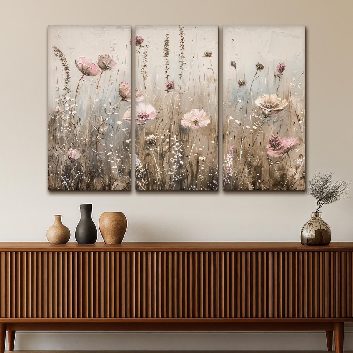 LEINWANDBILD 3er Set Blumen - Beige - Modern - Rosa 180x120 cm - Ecru, Textil (180/120cm) - MuchoWow