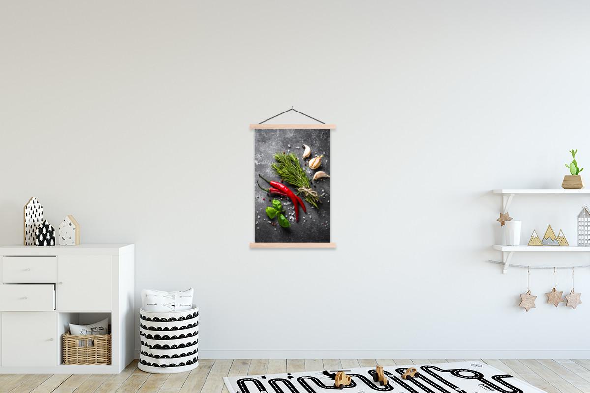 POSTER MIT MAGNETLEISTEN Pfeffer - Kräuter - Gewürze - Beton Wandbild Schlafzimmer 60x90 cm - Dunkelgrau, Textil (60/90/0.15cm) - MuchoWow